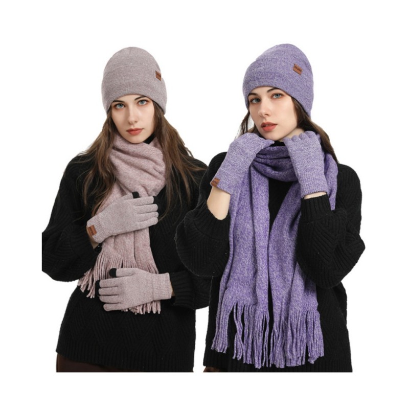 Fleece Knitted Hat, Scarf and Gloves Three-piece Warm Wool Set